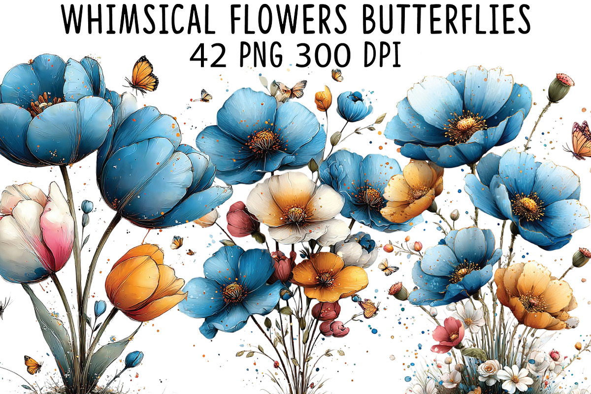 Whimsical Flowers Butterflies Clipar, an Illustration by CraftArtStudio (Photo 1 of 6)