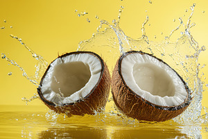 Coconut halves splash in clear water, a Photo by Iftikhar Alam