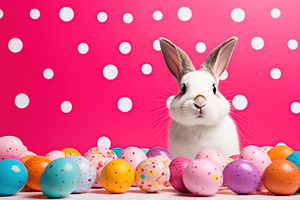 Cute bunny with easter eggs on pink background, a Holiday Photo by AlyaAnd