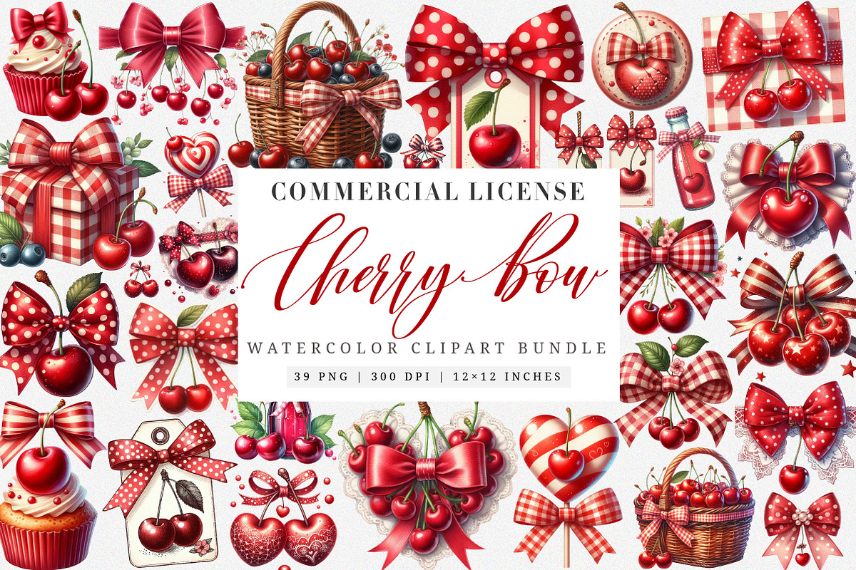 Watercolor Red Bow Cherry PNG, an Illustration by SinaCreation (Photo 1 of 7)
