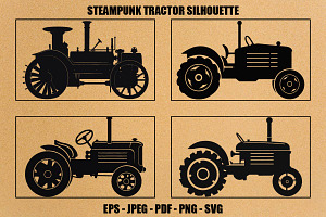 Steampunk Tractor Silhouette set, a Transportation Illustration by Unique Design Team