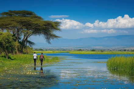Men walking through the serene water, a Photo by Iftikhar Alam