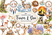 Watercolor Fawn & Doe Clipart, an Illustration by CreationArt (Thumbnail 1 of 5)