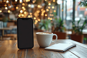 A cozy café scene featuring a smartphone iPhone mockup, a cup of latte with la, an iPhone Mockup by Textures & Backgrounds