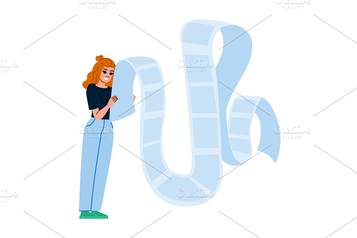 Young woman holding long photo booth, a Person Illustration by pikepicture