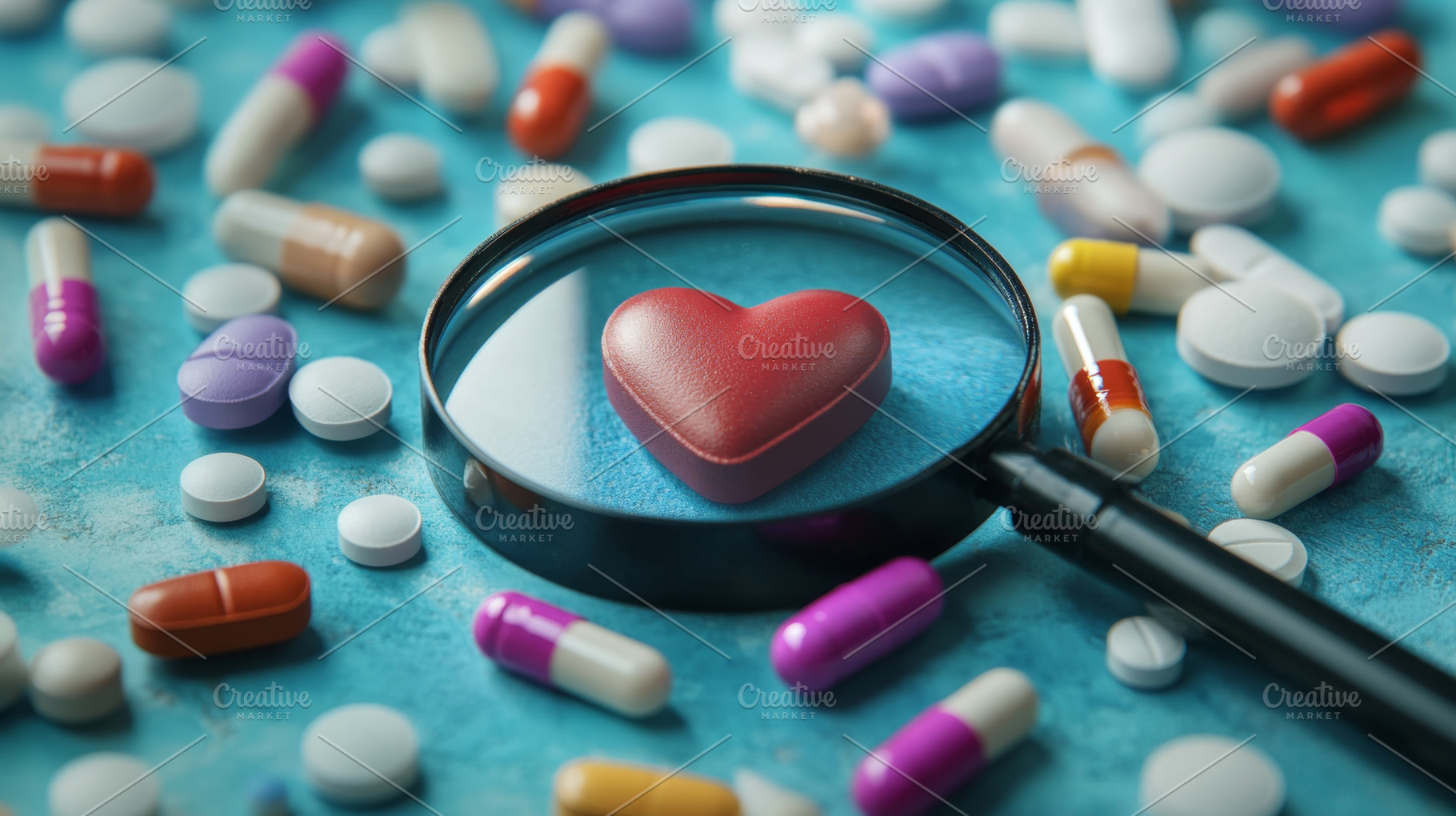 Magnifying Glass Over Heart Symbol Surrounded by Various Pills, an Abstract Photo by Natalia Klenova's Shop
