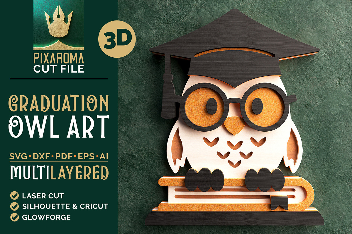 Graduation Owl 3D Layered Cut File, an Animal Illustration by pixaroma (Photo 1 of 8)
