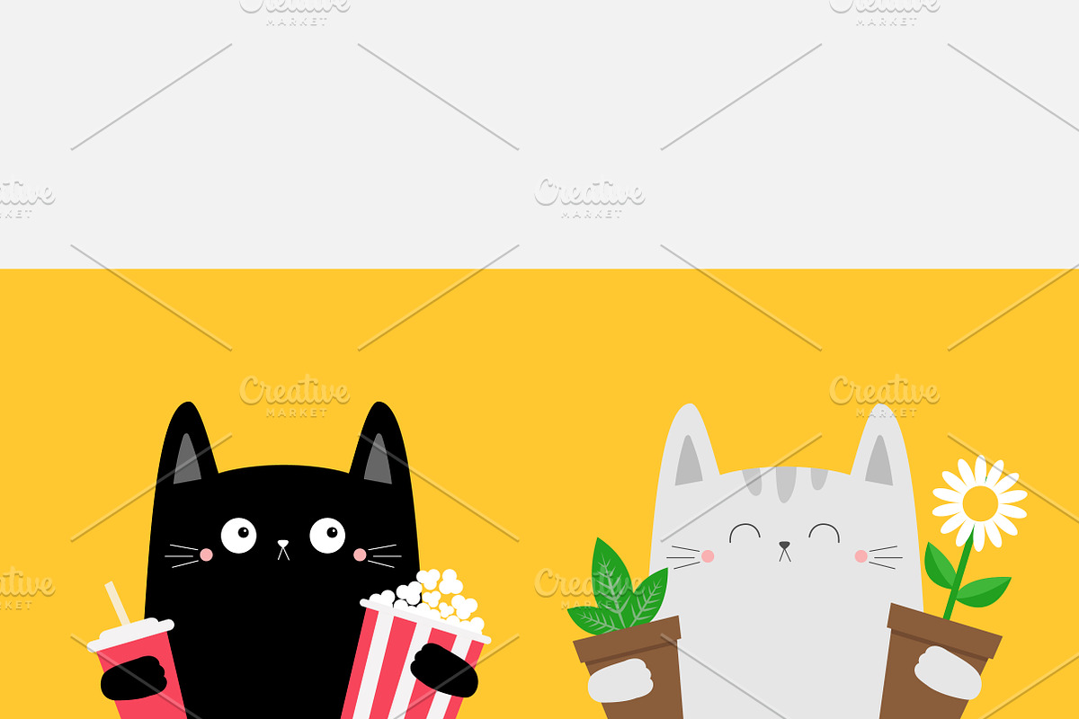 Cat set holding Popcorn Soda Flower, an Animal Illustration by Worldofvector