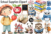 Watercolor School Supplies Clipart, a Seasonal Illustration by CitraGraphics (Thumbnail 1 of 6)