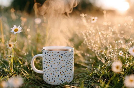 Steam rises from a mug mockup placed on grass surrounded by wildflowers at sunr, a Food & Drink Photo by AlyaAnd