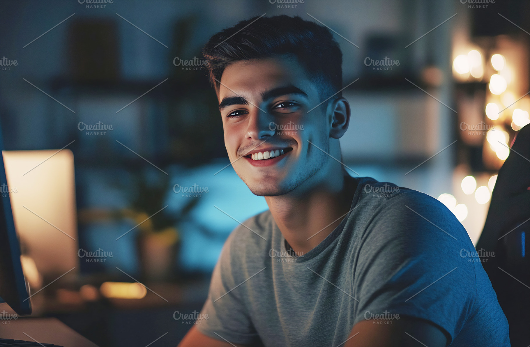 Smiling young man at computer, a Photo by Beautiful things