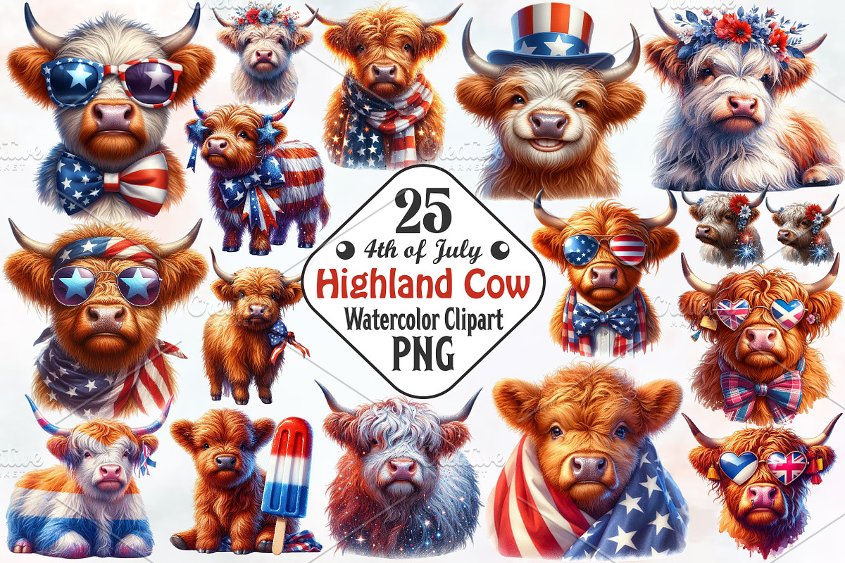 4th July Highland Cow Sublimation PN, a Seasonal Illustration by RobertsArt (Photo 1 of 7)