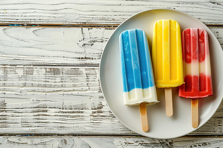 Colorful ice cream popsicles in plate on wooden background, a Food & Drink Photo by AlyaAnd