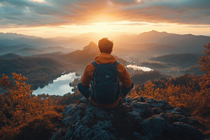 A person sitting on a rocky ledge, overlooking a scenic landscape at sunset. Th, a Person Photo by Textures & Backgrounds