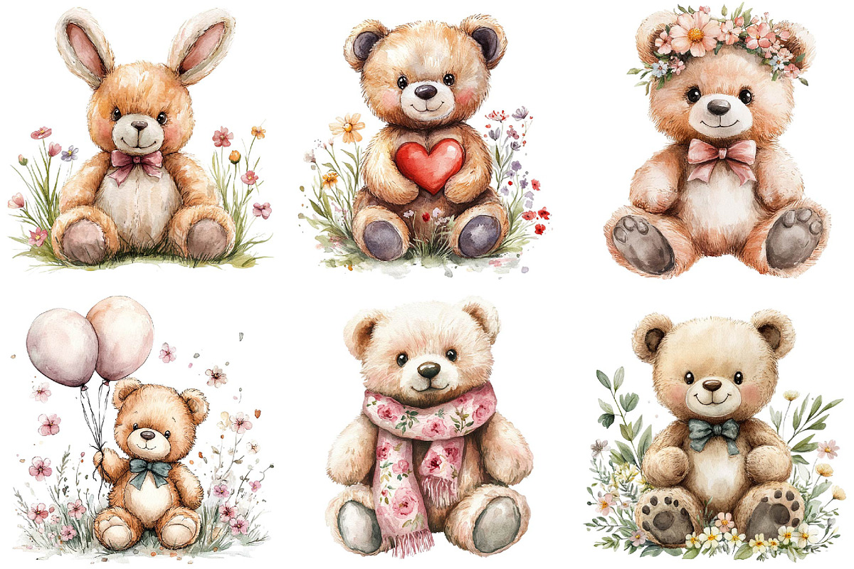 Watercolor Spring Teddy Bear Clipart, an Illustration by DreamPrint404 (Photo 6 of 7)