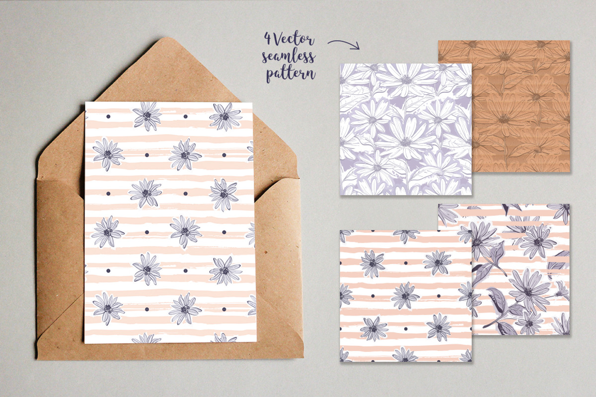 Flowers & stripes - Cards & Patterns, a Decorative Illustration by ClipartMuchLove (Photo 3 of 13)