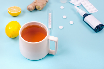 Lemon, ginger, tea, thermometer and white medical pills, traditi, a Health & Medical Photo by vimart
