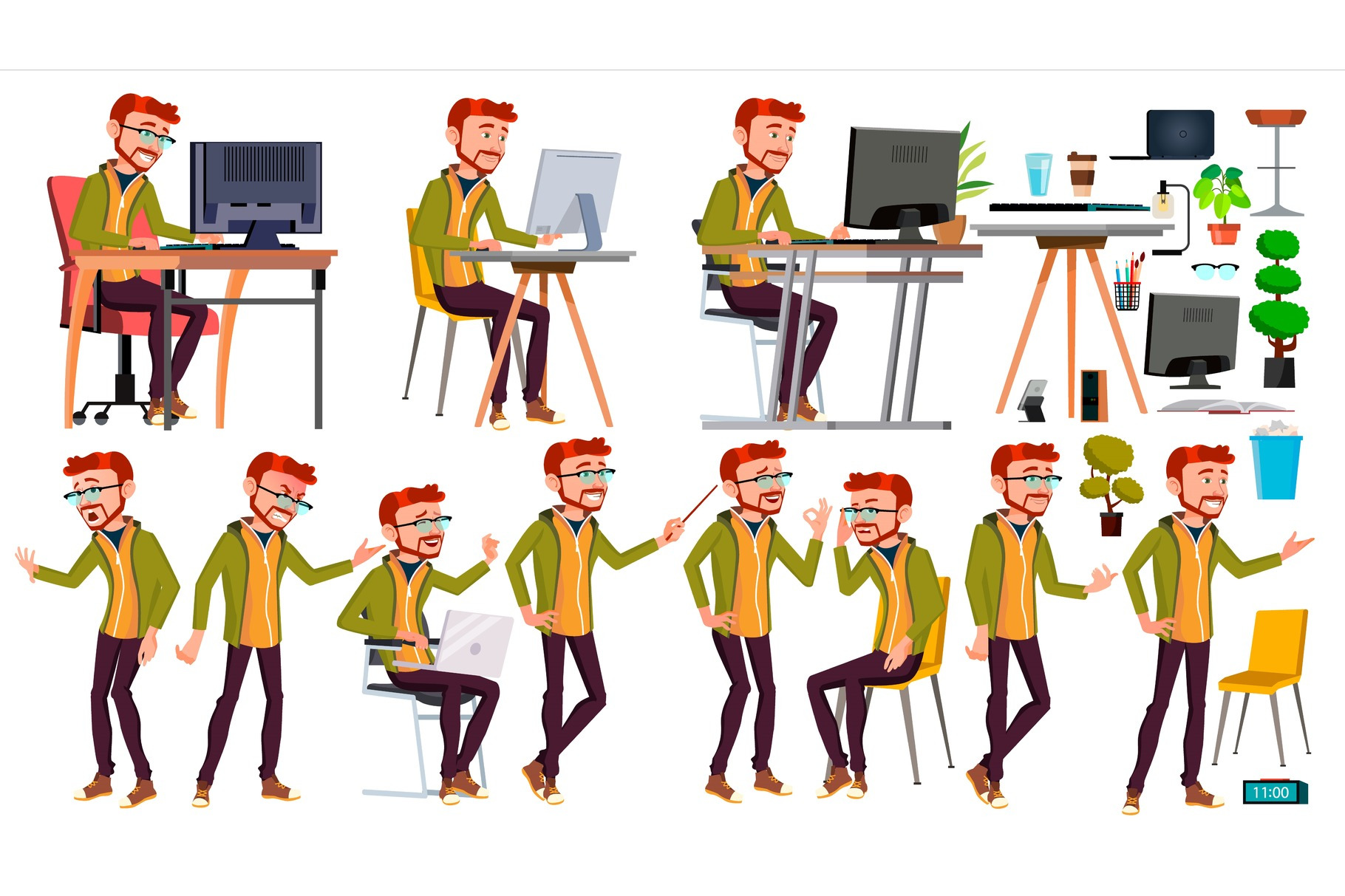 Office Worker Vector. Poses. Face | Object Illustrations ~ Creative Market