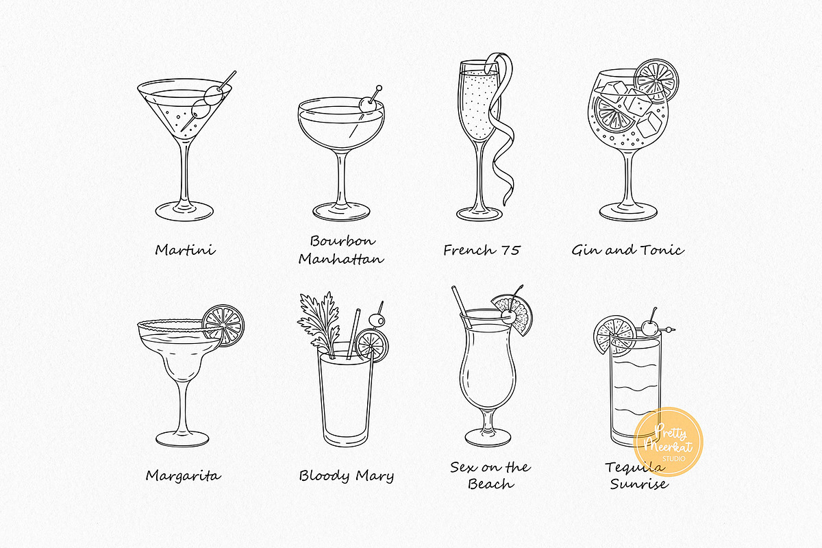 Cocktail Bundle, Line Art Clipart, a Food Illustration by Pretty Meerkat (Photo 2 of 8)