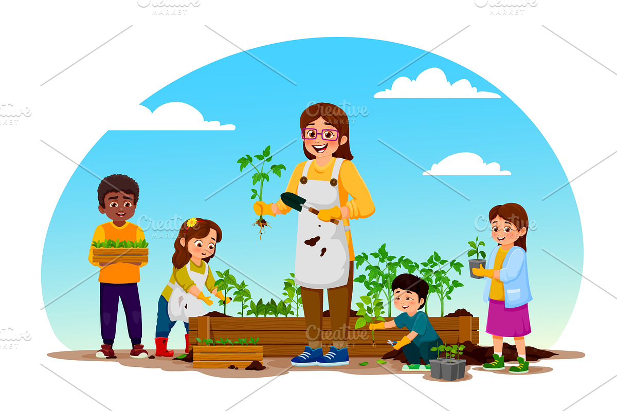 Cartoon teacher and children, an Illustration by Vector Tradition