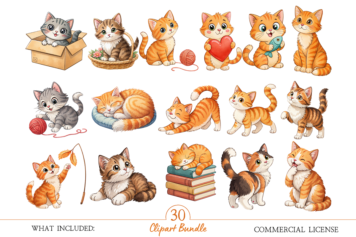 Cute Cats Clipart Watercolor PNG, an Object Illustration by MockupWizard (Photo 2 of 5)