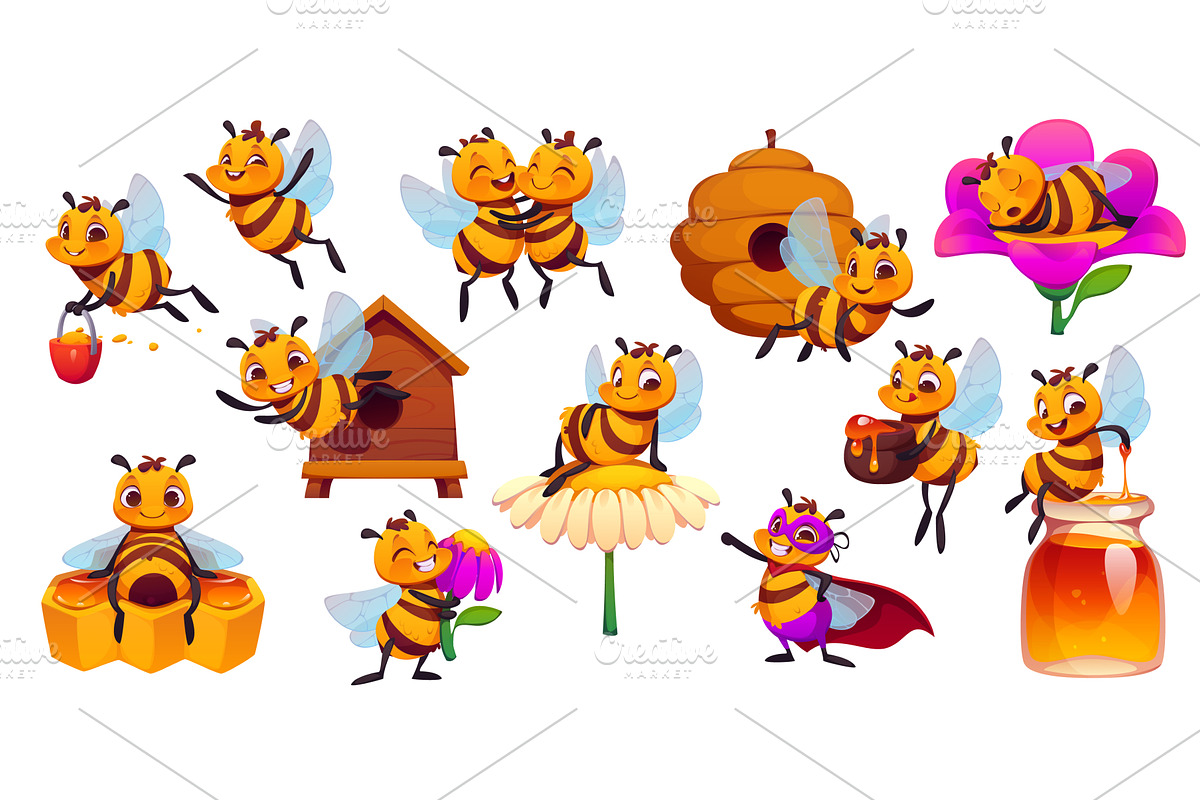 Cartoon honey bee characters set, an Animal Illustration by Vector Tradition