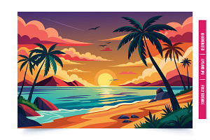 Tropical beach sunset palm, an Illustration by Tanuart