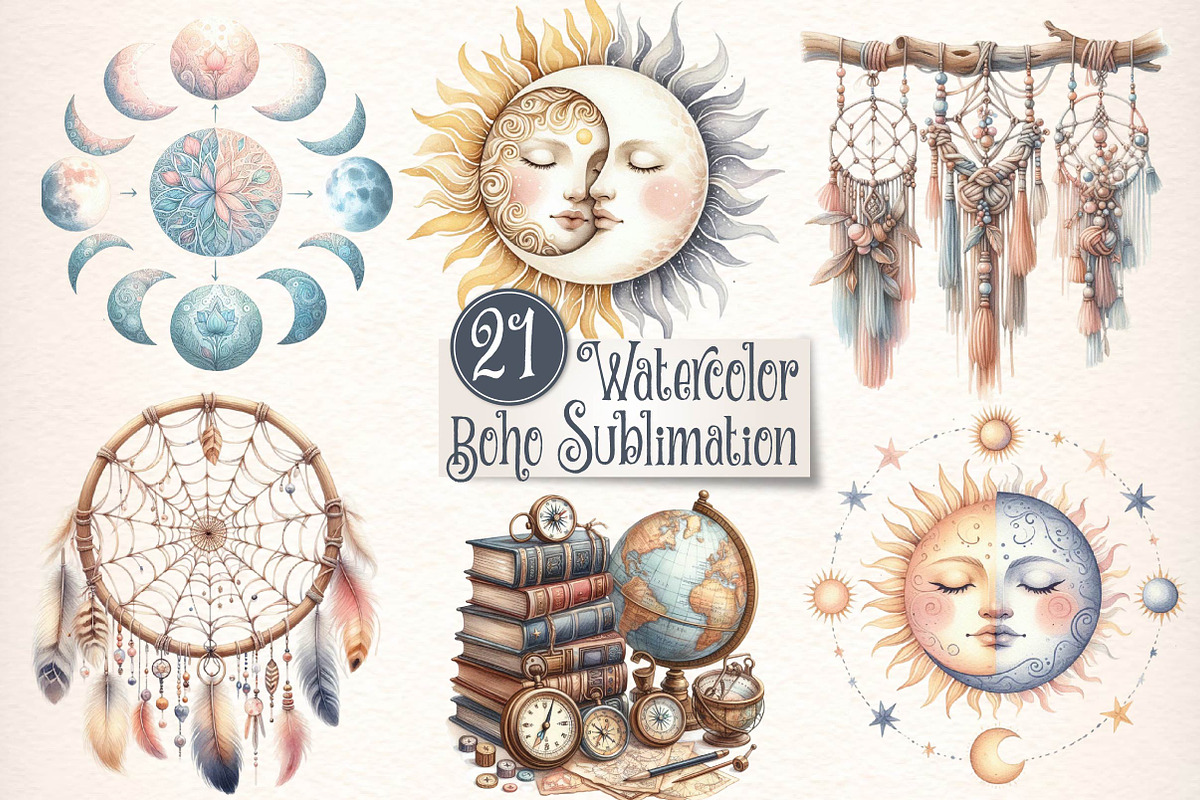 Watercolor Boho Sublimation Clipart, an Illustration by CreationArt (Photo 1 of 6)