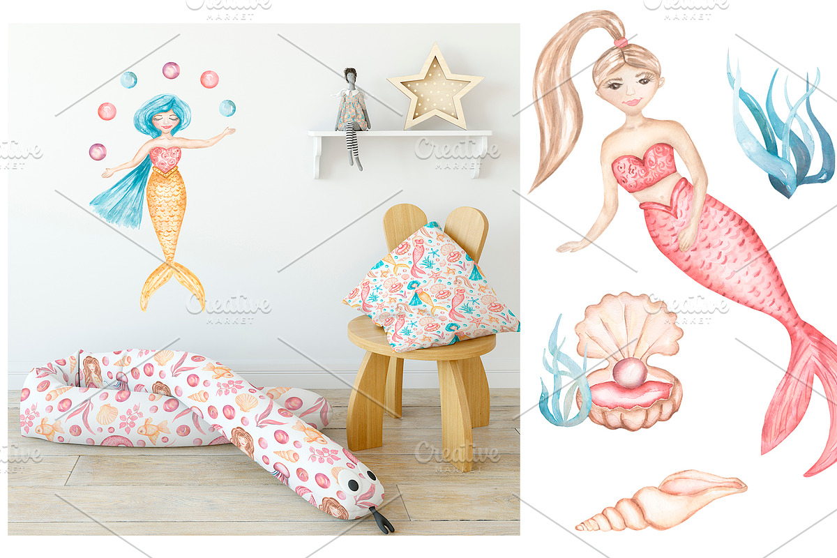 Watercolor Mermaid Collection, an Animal Illustration by MayaNavits (Photo 6 of 15)