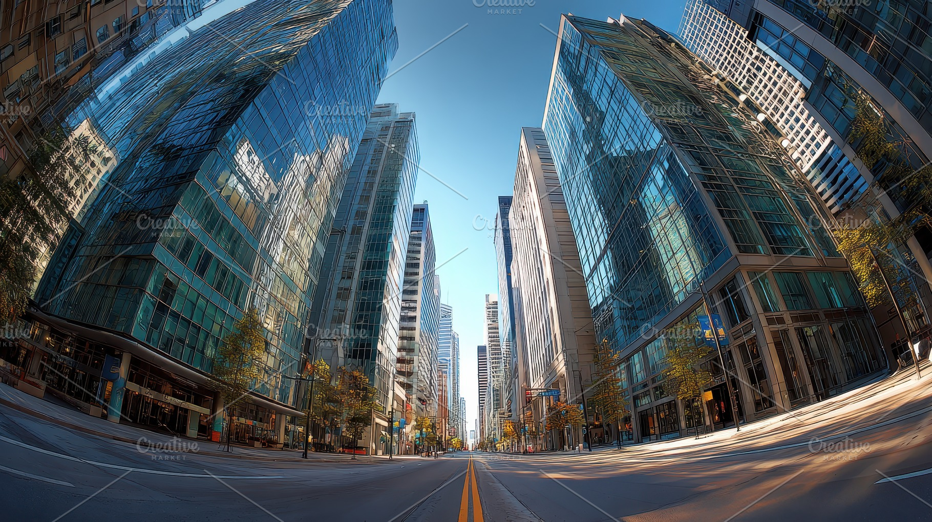 Tall buildings line a bustling city, a Photo by Pavel_design
