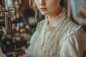 A young lacemaker woman in vintage attire sits at an antique sewing machine, su, a Person Photo by Textures & Backgrounds