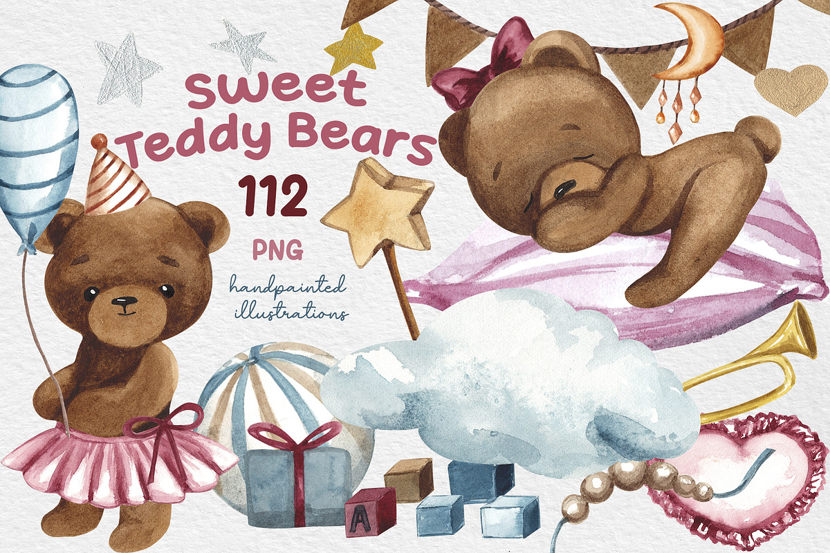 Sweet Teddy Bears Watercolor Clipart, a Decorative Illustration by HabitusDesigns (Photo 1 of 12)