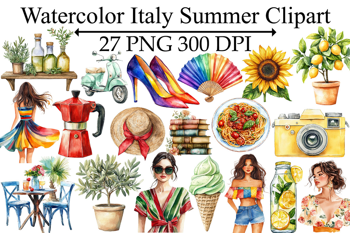 Watercolor Italy Summer Clipart, an Illustration by Design Market (Photo 1 of 4)