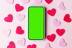 Valentine's day phone mockup. Empty phone screen flat lay with s, a Holiday Photo by Sonjachni