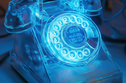 A glowing blue vintage rotary telephone on a table, with visible wires. The pho, an Industrial Photo by Textures & Backgrounds