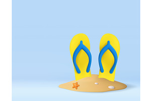 3d Yellow Flip Flops in Sand with, an Object Illustration by ModVector