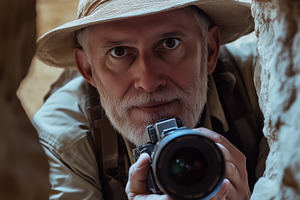 A man Egyptologist with a beard and a hat holds a camera, peering through a nar, a Person Photo by Textures & Backgrounds