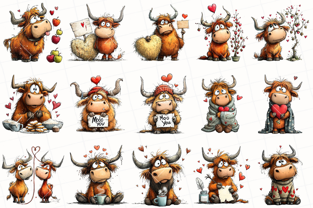 Quirky Valentine Highland Cow Clipar, an Illustration by OK Design (Photo 3 of 6)