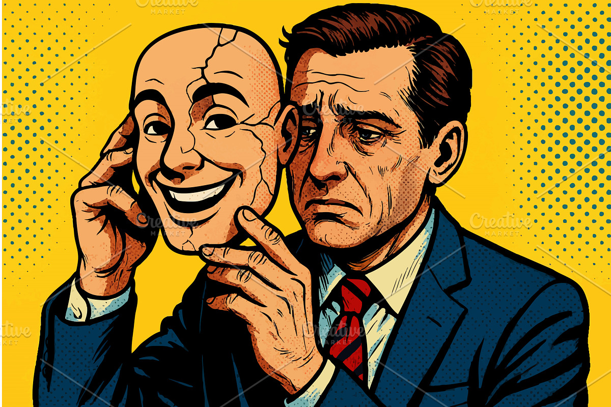 Sad Man Hiding Behind Smiling Mask, a Person Illustration by AlexArt