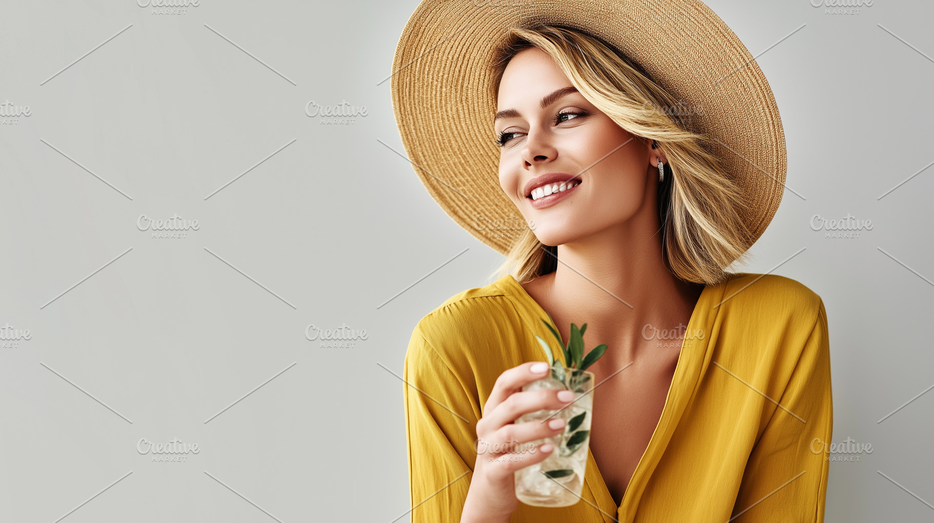 Woman in a yellow outfit and drink, a Food & Drink Photo by MistyDay