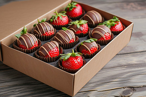 Delicious strawberries covered by chocolate in box on wooden background, a Food & Drink Photo by AlyaAnd