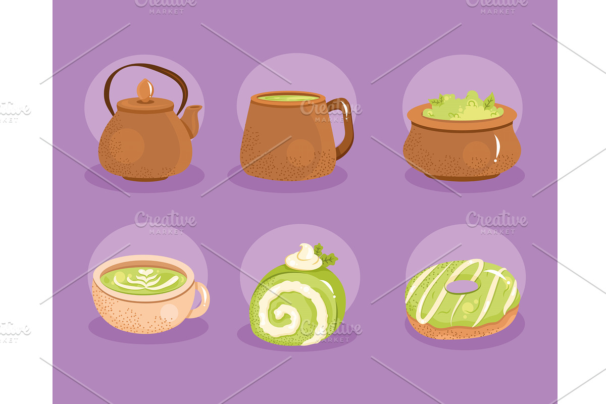 matcha tea six icons, a Food Illustration by studiogstock