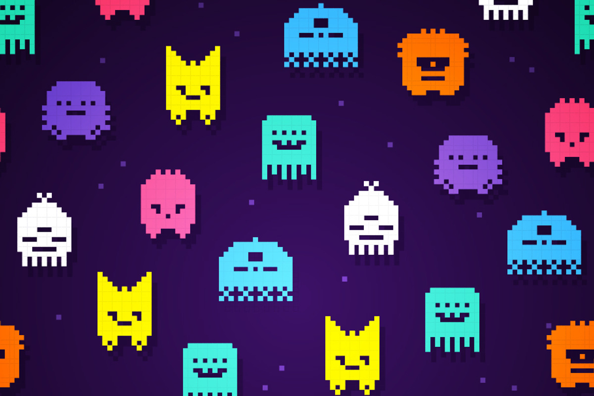 Retro 8bit Pixel Monsters Pattern, a Pattern Graphic by Black White Mouse Design