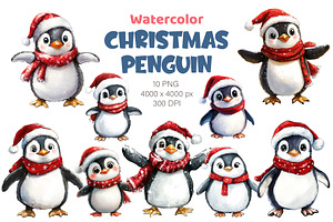 Christmas Penguin. Watercolor PNG., an Animal Illustration by KENO Mascots