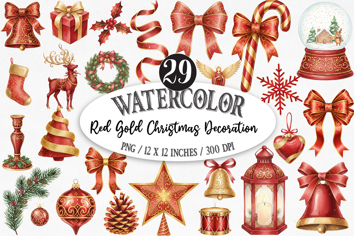 Red Gold Christmas Decoration Clipar, an Illustration by Designking (Photo 1 of 5)