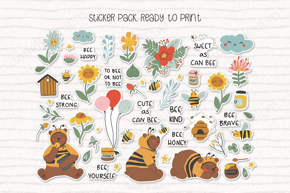 Cute bees, bears, flowers bundle, an Illustration by ann_etc (Photo 9 of 12)