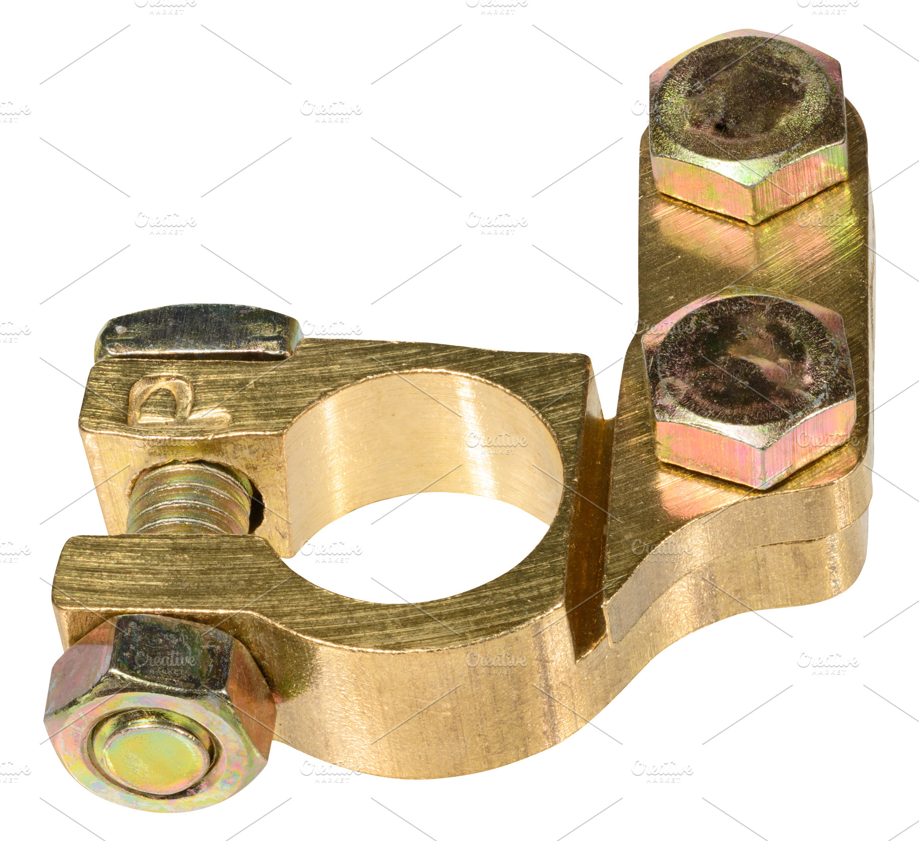 Metal car battery terminal clamp positive or negative, isolated, an Industrial Photo by ndanko