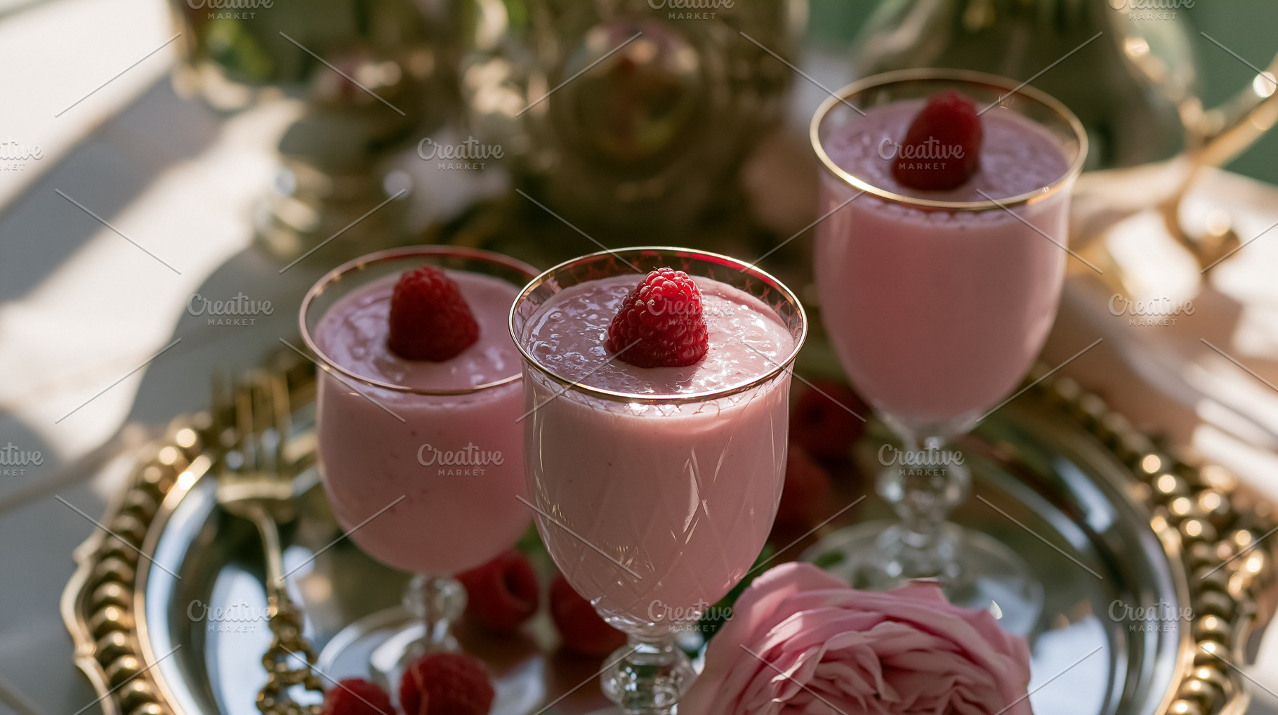 Raspberry mousse dessert served in elegant crystal glasses with gold rim on a s, a Photo by Studio ANNA