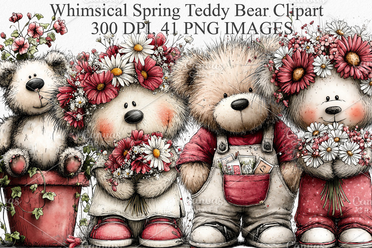 Whimsical Spring Teddy Bear Clipart, an Illustration by Canvas Craft (Photo 1 of 7)