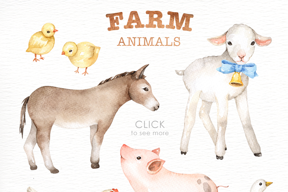 Farm Animals Watercolor clipart, an Animal Illustration by everysunsun (Photo 2 of 6)